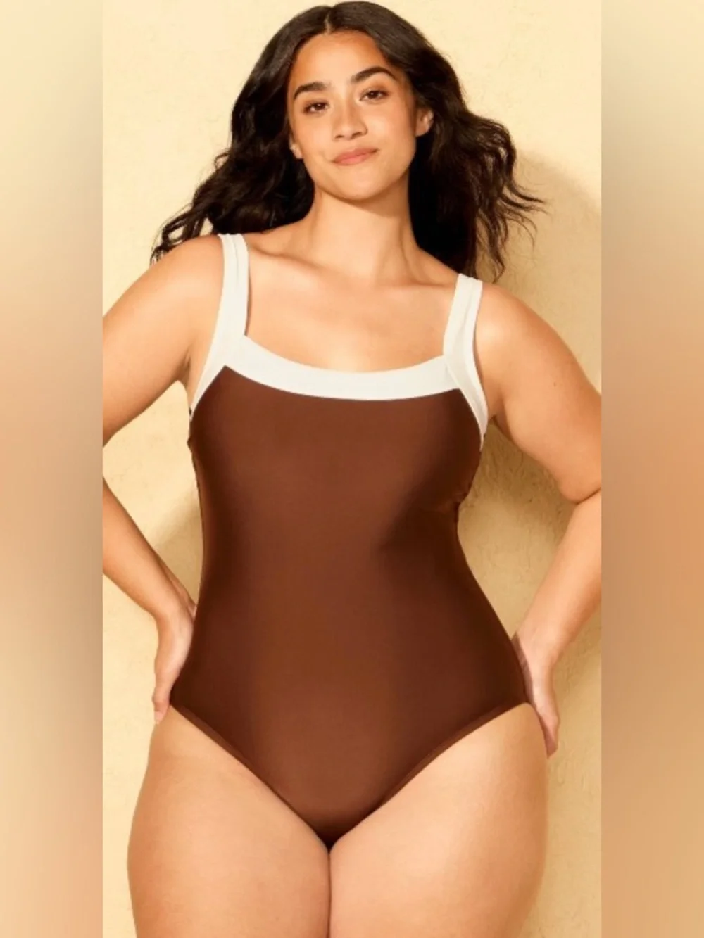 NWT- 12-14 Women’s Square-Neck  Brown and Cream full coverage tummy control